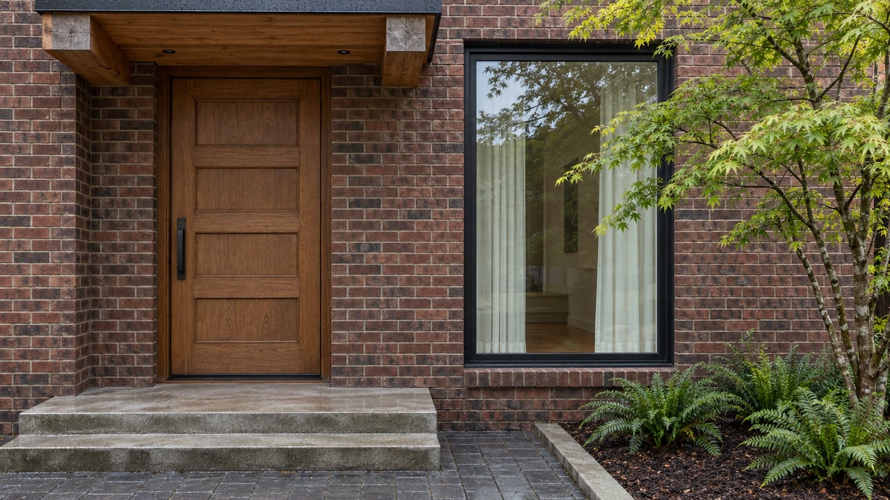 Rain-darkened brick townhouse entry with a paneled oak door, timber canopy, tall window and vine maple beside concrete steps.