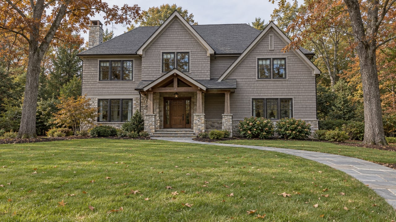 A gabled cedar-shingle and fieldstone home beyond a deep autumn lawn, with a bluestone approach and mature red oaks.