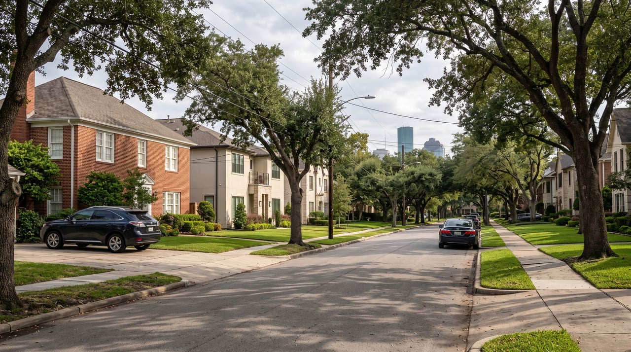 Tree-lined residential street with townhomes, parked cars, and a distant city skyline.