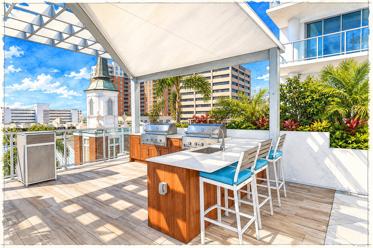 Rooftop terrace with a covered outdoor kitchen, two grills, blue bar stools and downtown views.