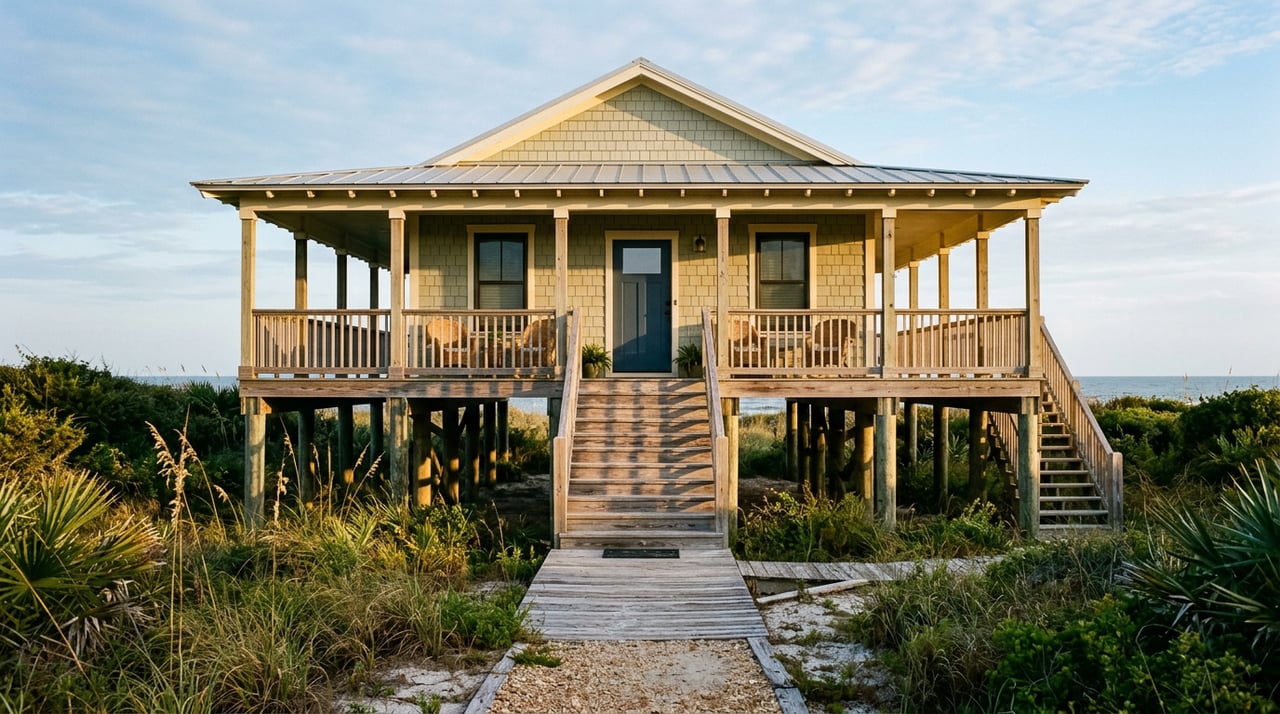 Raised coastal cottage with a wraparound porch, painted brick piers, and Spanish moss hanging from a live oak.