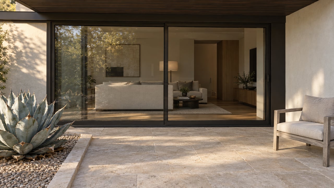 Covered terrace with honed stone paving, a sculptural blue-gray agave, teak chair, and closed dark-framed glass doors.