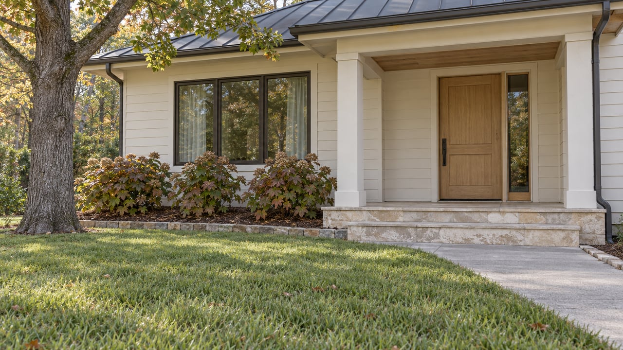 Warm-white home with an oak entry door, limestone porch and mature white oak, viewed across a broad lawn.