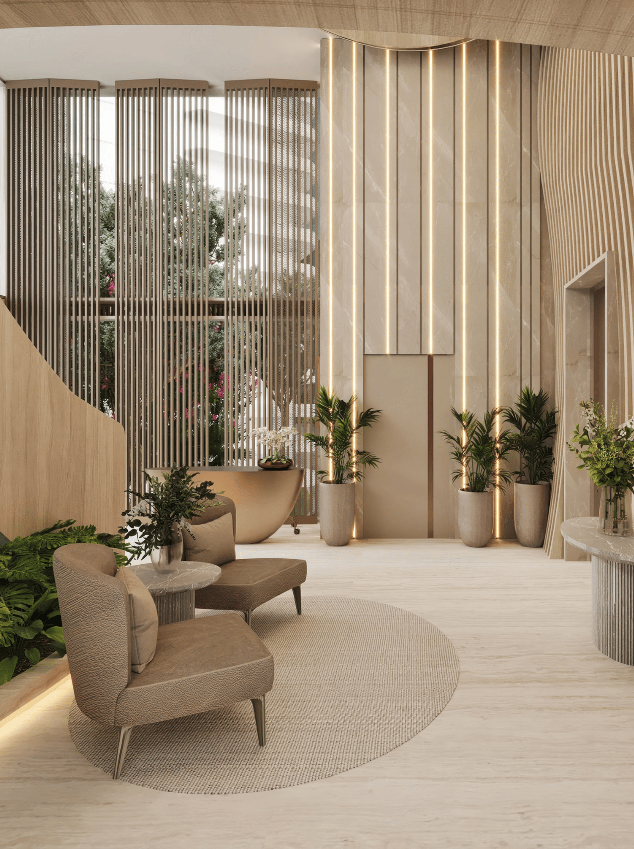 Luxury condo lobby lounge with sculptural chairs, a woven rug, and illuminated stone walls.