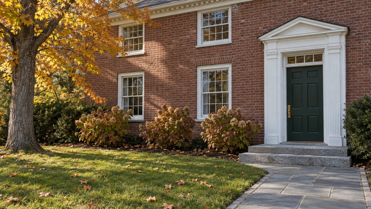 Brick house entrance with white trim, a green door, granite steps and bluestone approach beside an autumn lawn.