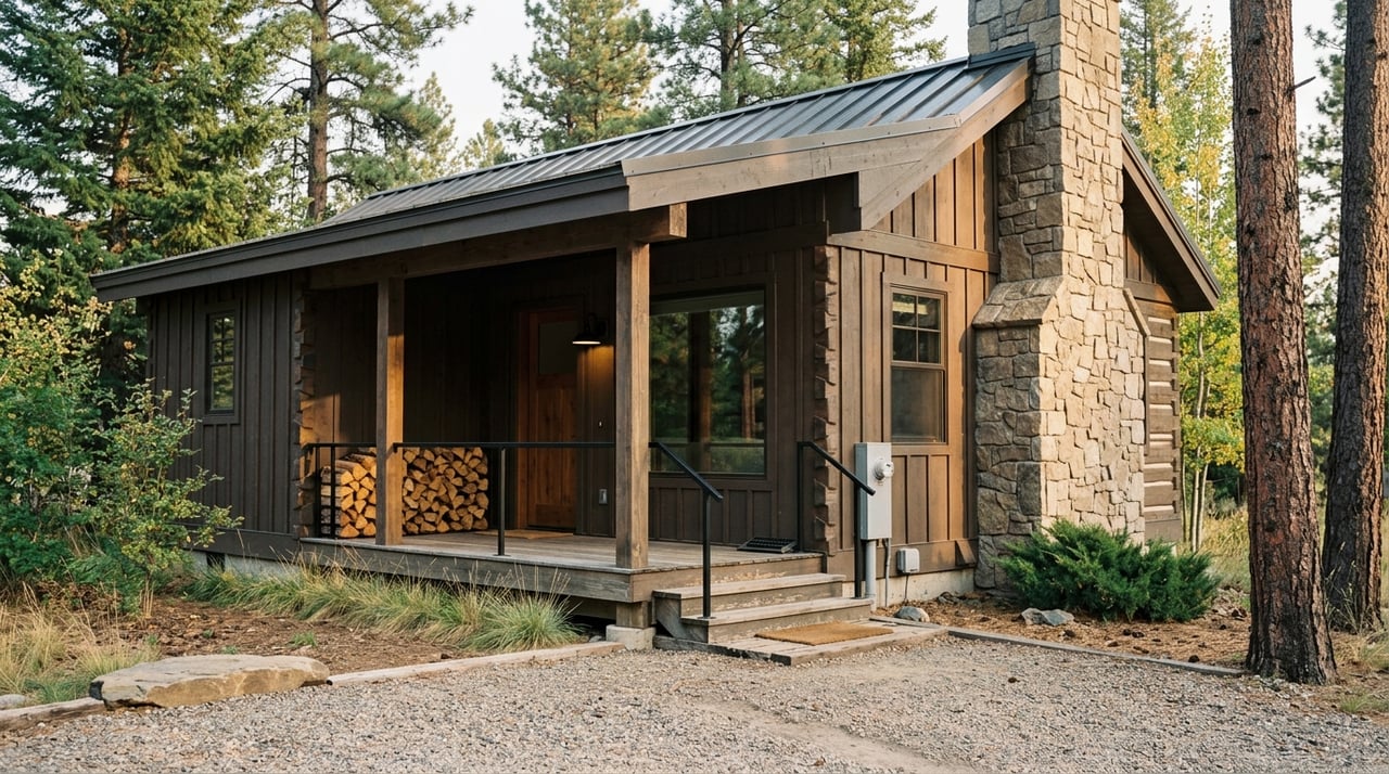 Cabin entry porch framed closely by the building and surrounding trees.