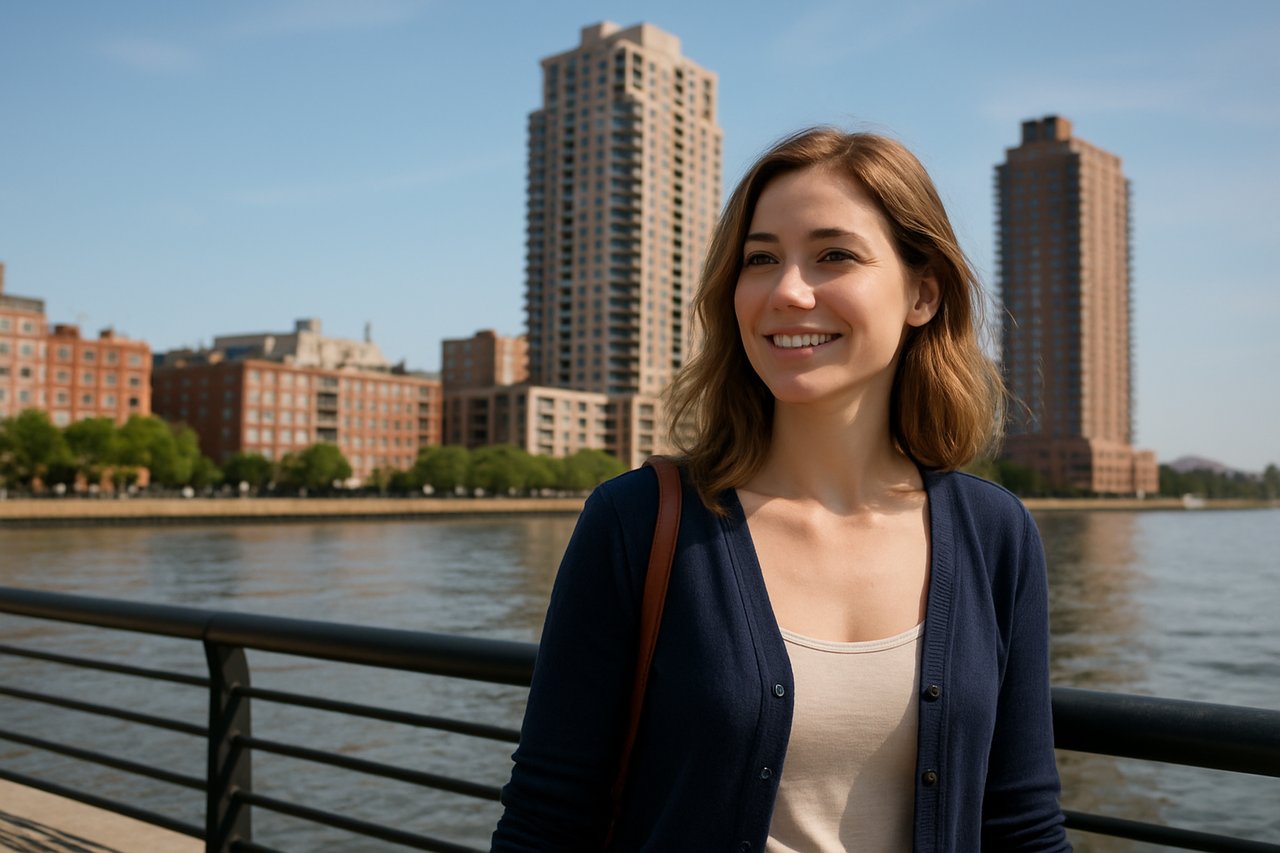 Young woman smiling on Hoboken waterfront promenade with modern condos and historic buildings in the background.