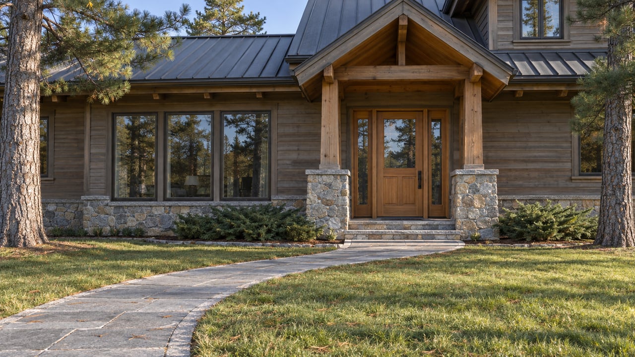 Cedar home with a covered timber entrance, fieldstone bases and granite walkway across an autumn lawn beneath mature white pines.