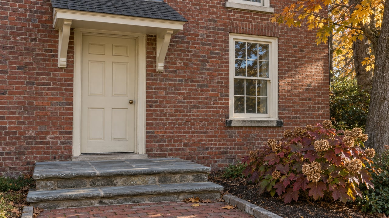 Late-afternoon light grazes a traditional brick entry with a cream wood door, divided-pane window and worn stone steps beside autumn foliage.