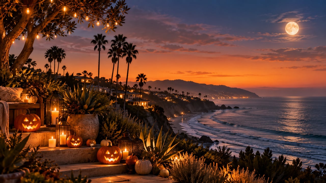 Malibu coastline at sunset, with a full moon and a terrace lined with glowing jack-o'-lanterns.