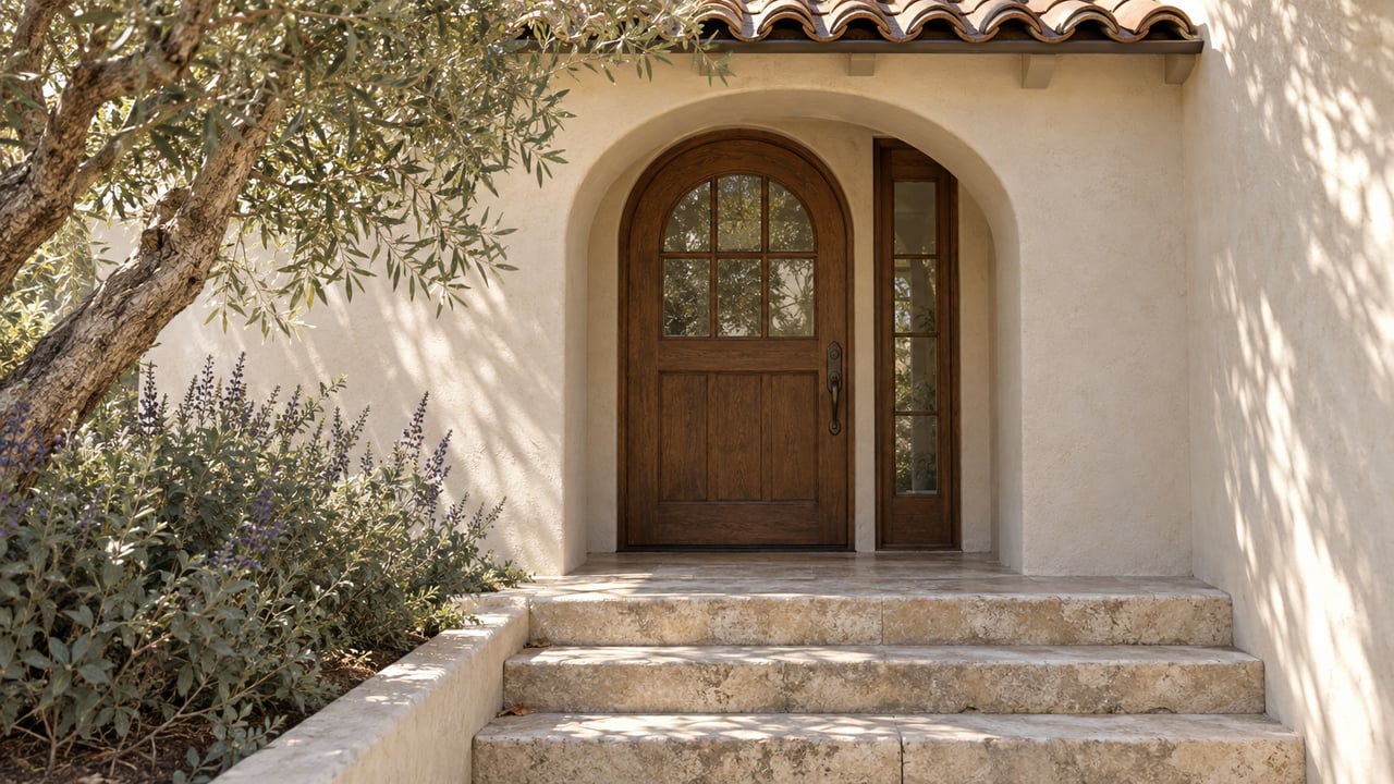Stucco entry with an arched oak door, limestone steps, and olive branches filtering sunlight.