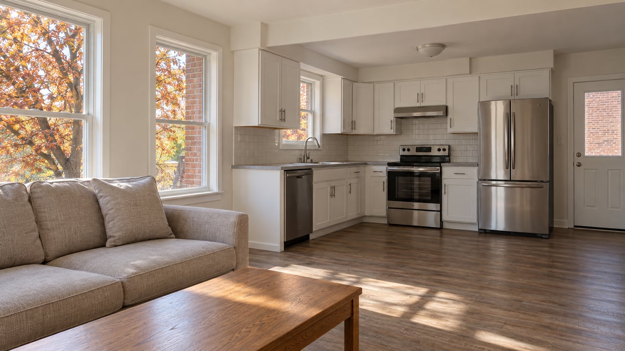 Sunlit ranch interior with white kitchen cabinets, stainless appliances, an oatmeal sofa and autumn oak foliage outside the windows.