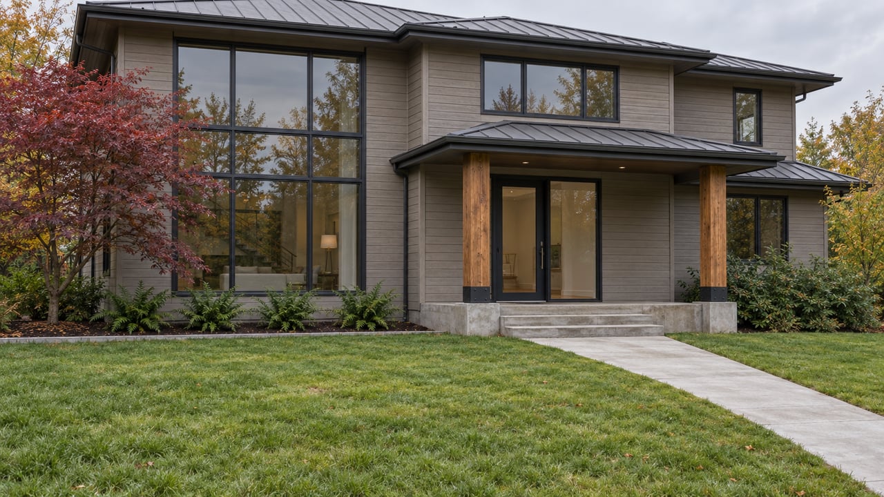 Contemporary two-story home with gray wood siding, timber entry posts, tall gridded windows and a deep autumn lawn.
