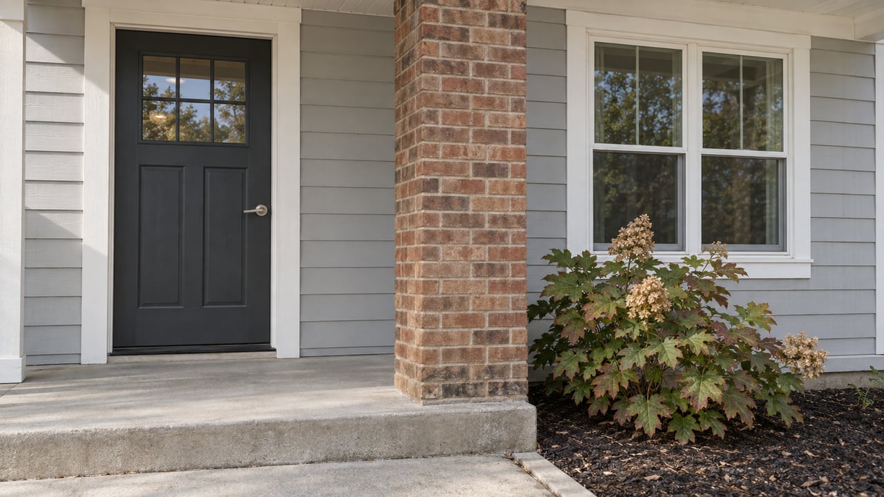 Close view of a weathered brick porch pier, charcoal entry door, pale gray siding and an oakleaf hydrangea beside a concrete step.