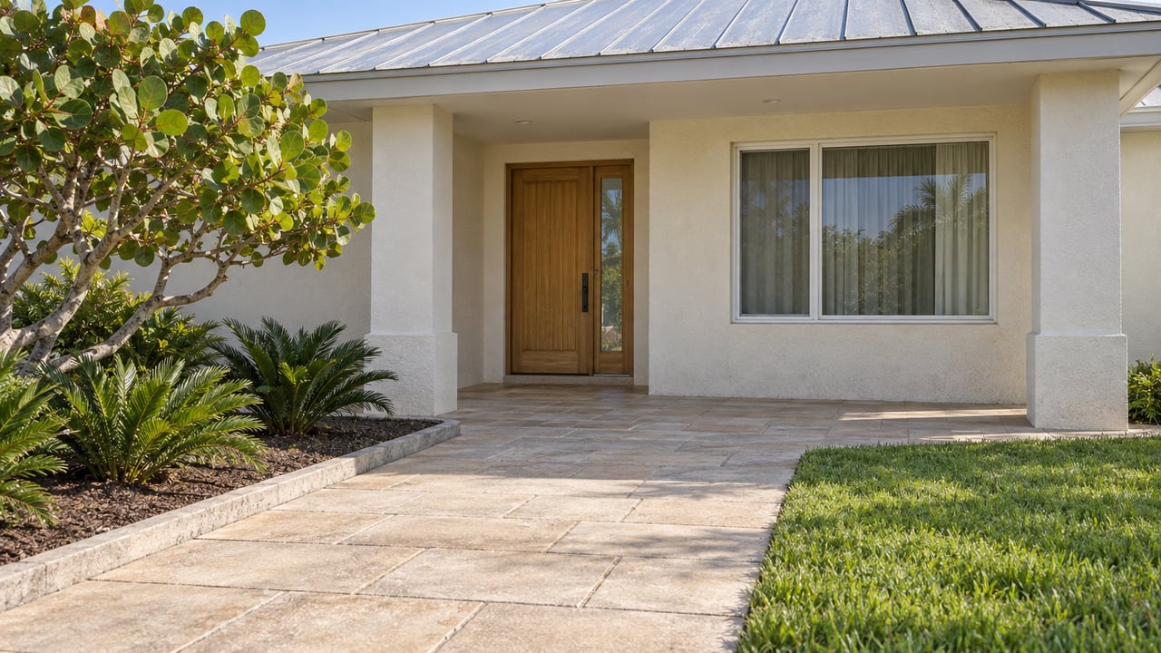 Sunlit pale-stucco home entrance beneath a silver metal roof, with a timber door, sea grape tree and coontie beside a paved approach.