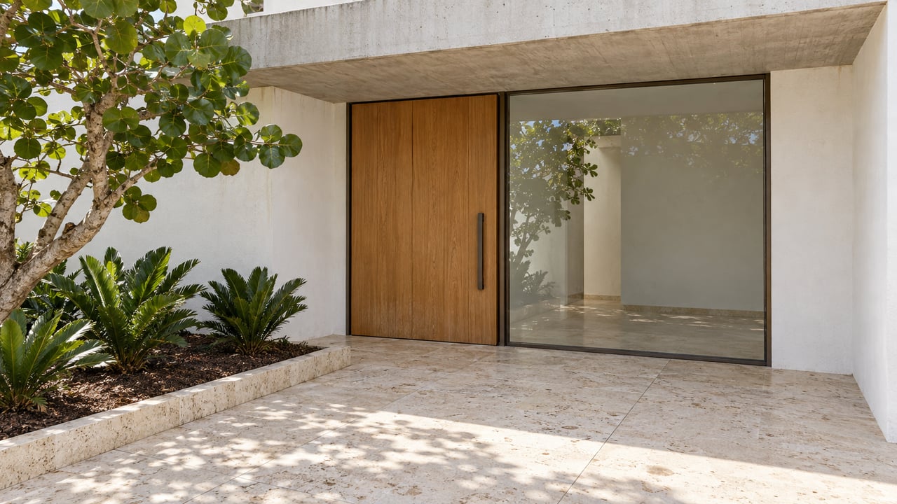 Recessed villa entry with a timber pivot door, bronze-framed glazing, cream limestone paving and a sea grape tree beside a raised planting bed.