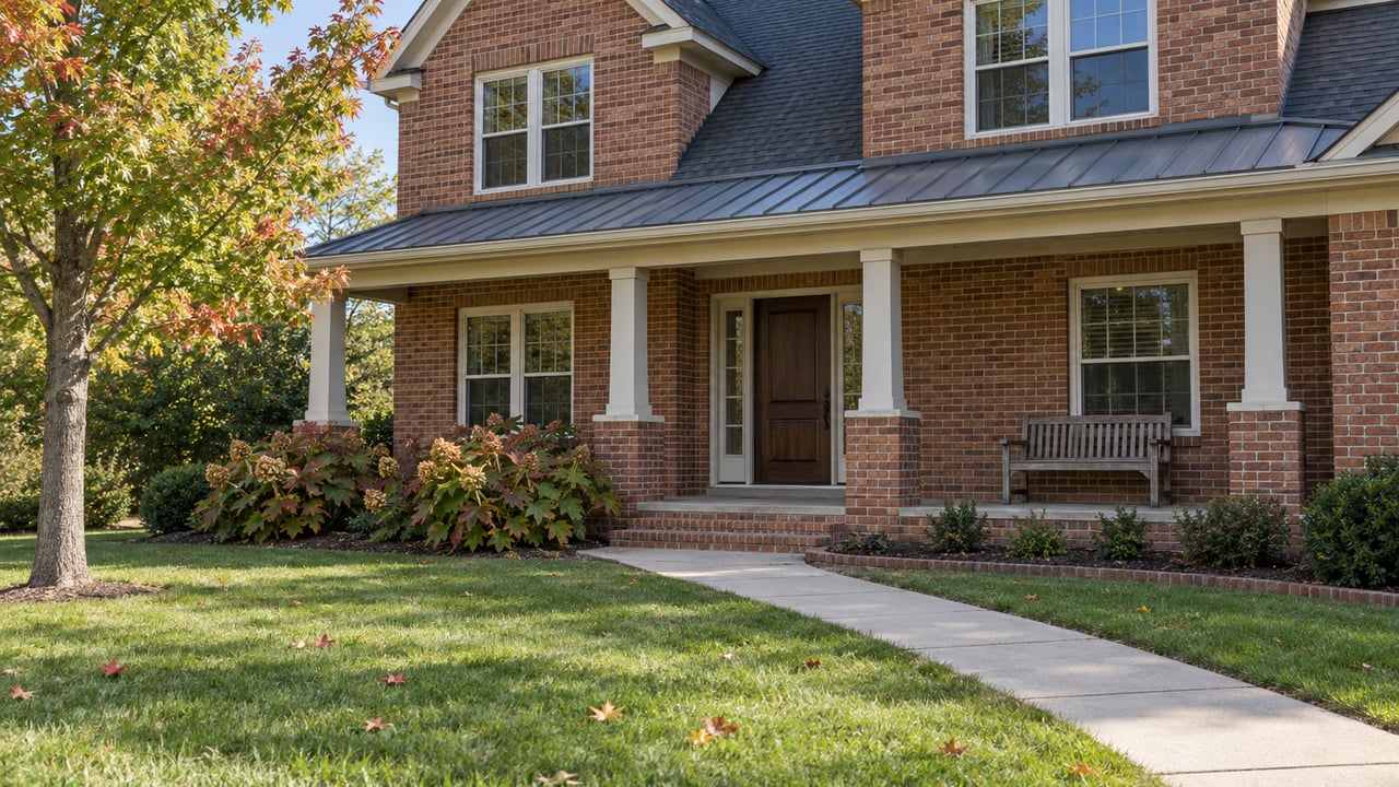 Red-brick house with a broad covered porch, deep lawn and maple leaves beginning to turn beside the concrete approach.