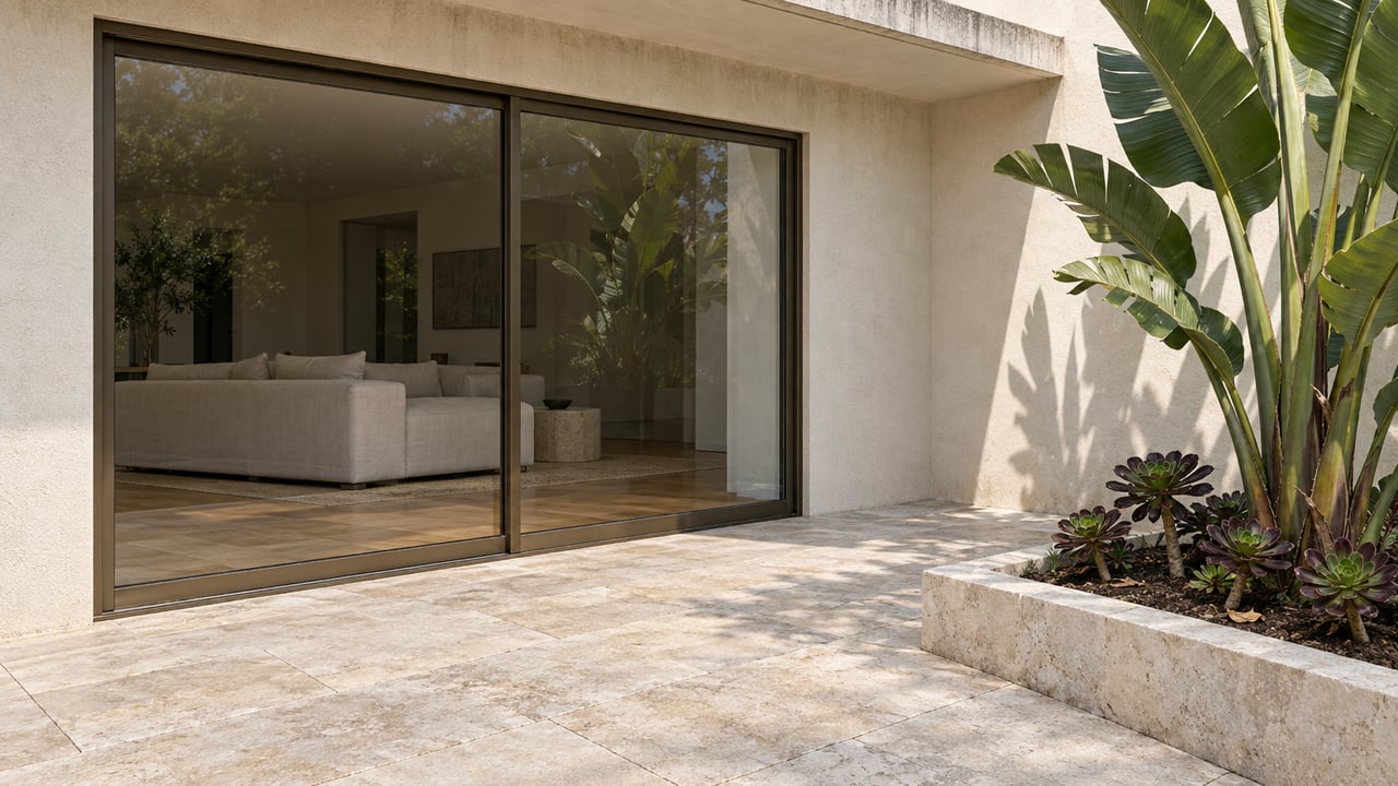 Cream stucco home with bronze-framed glass doors, a limestone terrace and sculptural planting in clear morning light.