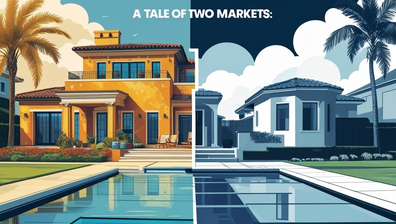 Current Disconnect between the LA Luxury Real Estate Market and the overal market in general graphic showing a luxury home on the left and a typical single family home on the right