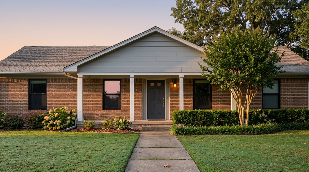 Suburban brick house with a gray gable, covered porch, dew-bright lawn, and oak canopy over the roof.