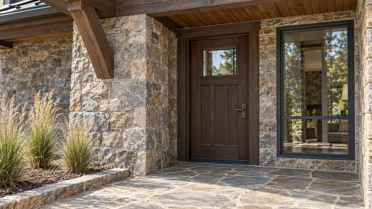 Close view of a stone-and-timber home entrance with a shaded wood soffit, dark door, tall window and worn flagstone landing.