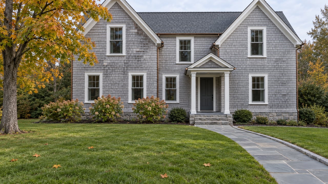 Silver-gray shingled home beyond a deep autumn lawn, with slate gables, white window trim, a bluestone approach, and an amber-leaved maple.