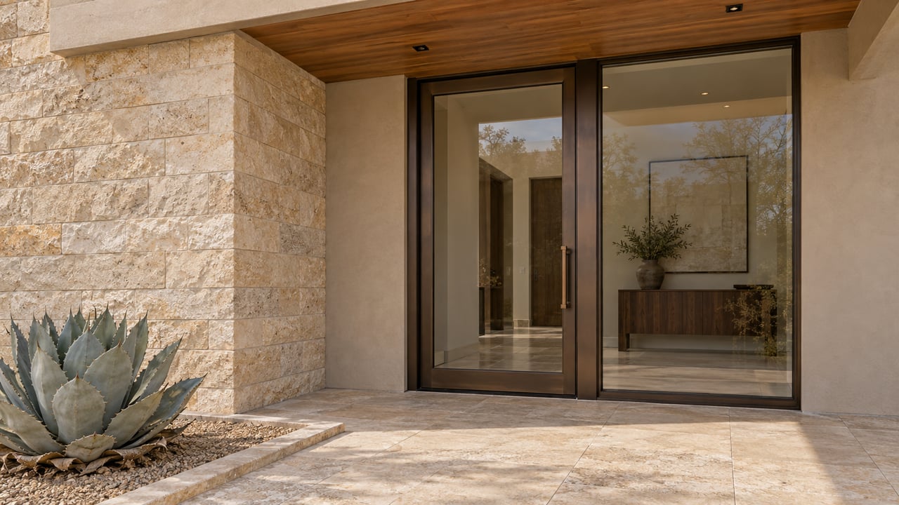 Close view of a limestone and warm-stucco home entry with bronze-framed glass, a wood soffit and one blue-gray agave beside the stone terrace.
