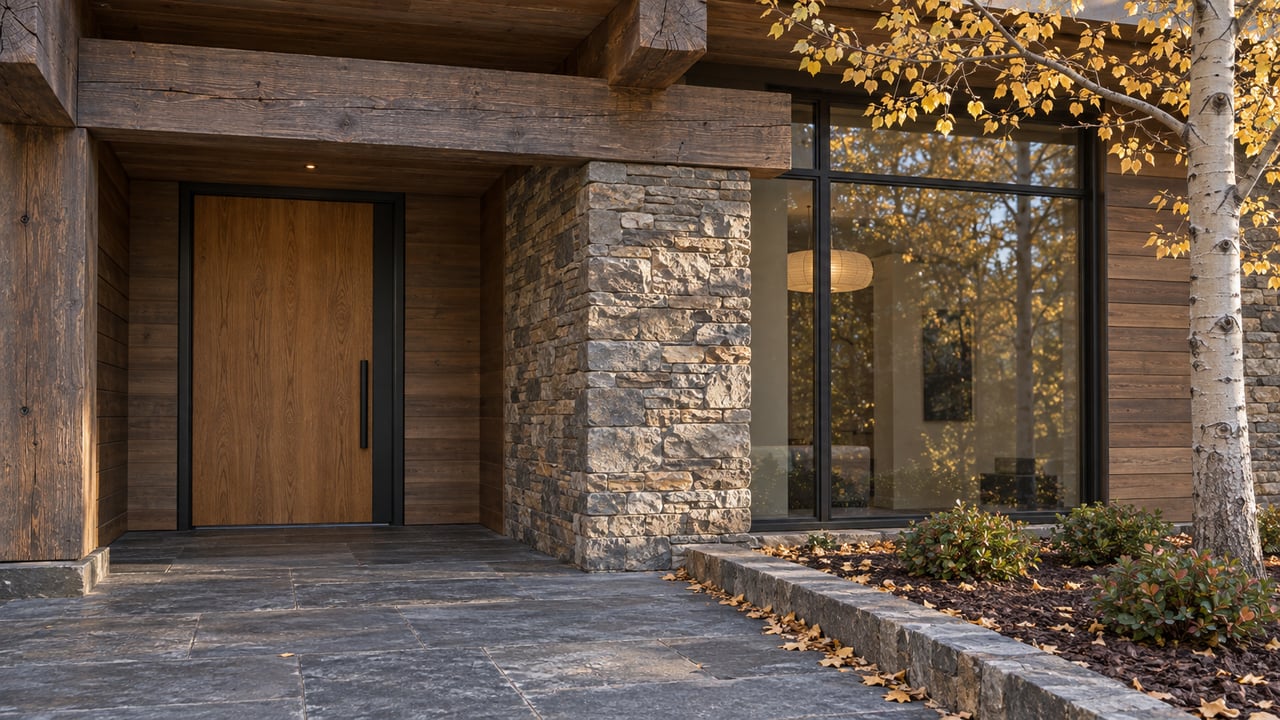 Autumn light falls across a timber-and-stone home entrance, a closed oak door and charcoal stone terrace beside golden leaves.