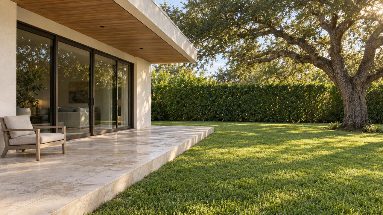 Covered limestone terrace beside a white stucco home, overlooking a broad lawn and a mature spreading live oak.