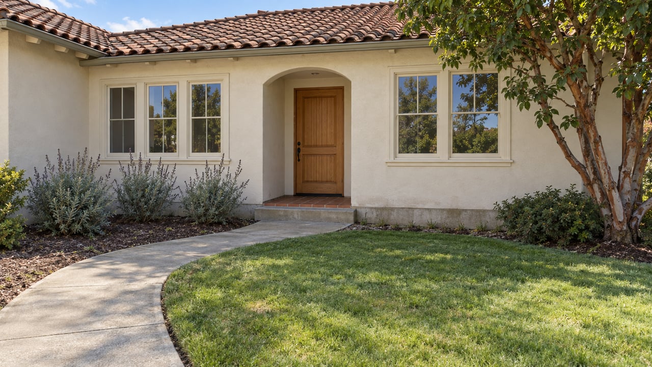 An ivory stucco home with a weathered clay tile roof, recessed oak door and curved concrete approach beside a small lawn.