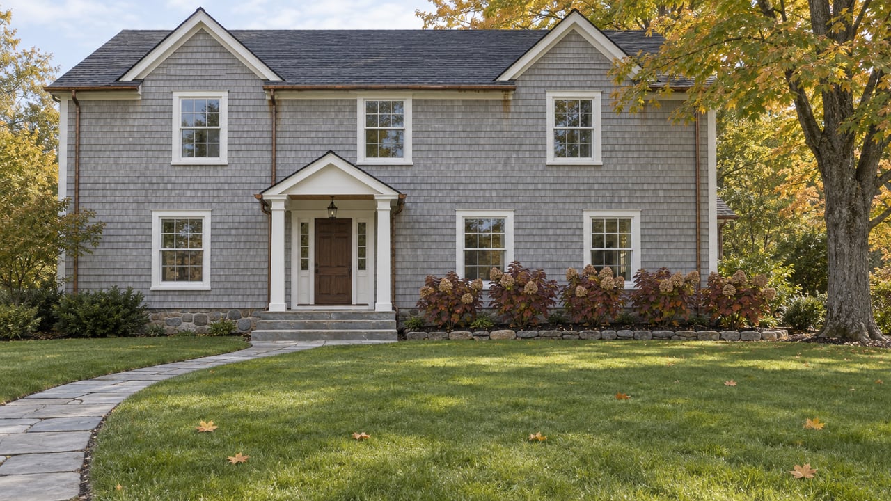 Gray-shingled house with white trim, stone entry steps and a deep lawn beneath a mature maple turning gold.