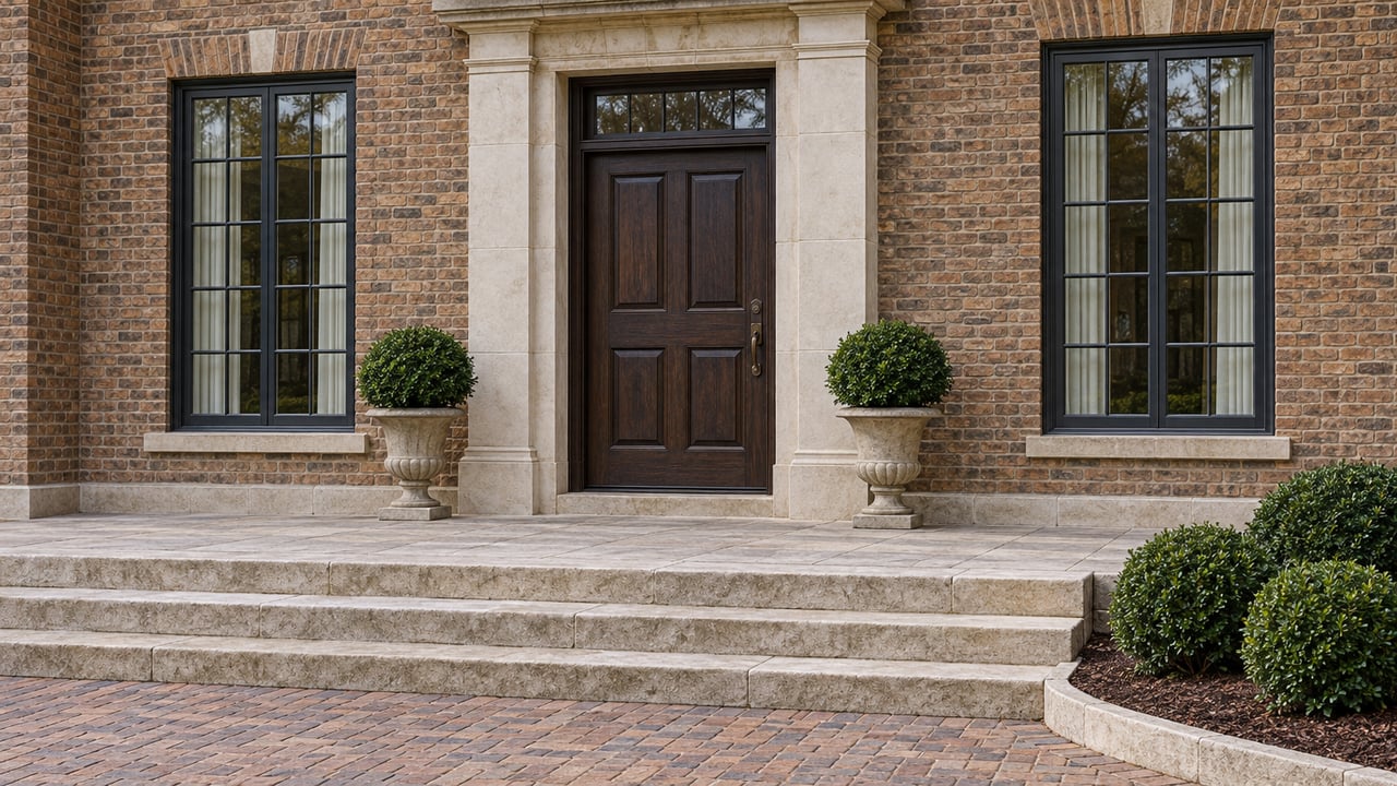 Brown brick estate entrance with a dark oak door, paired divided-light windows, broad limestone steps and a neatly edged planting bed.