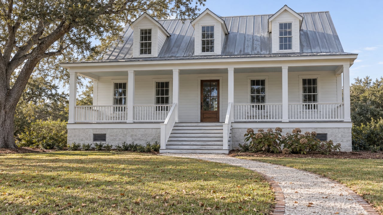 An elevated white house with a deep veranda and paired stair rails beyond a broad lawn, framed by a spreading live oak.