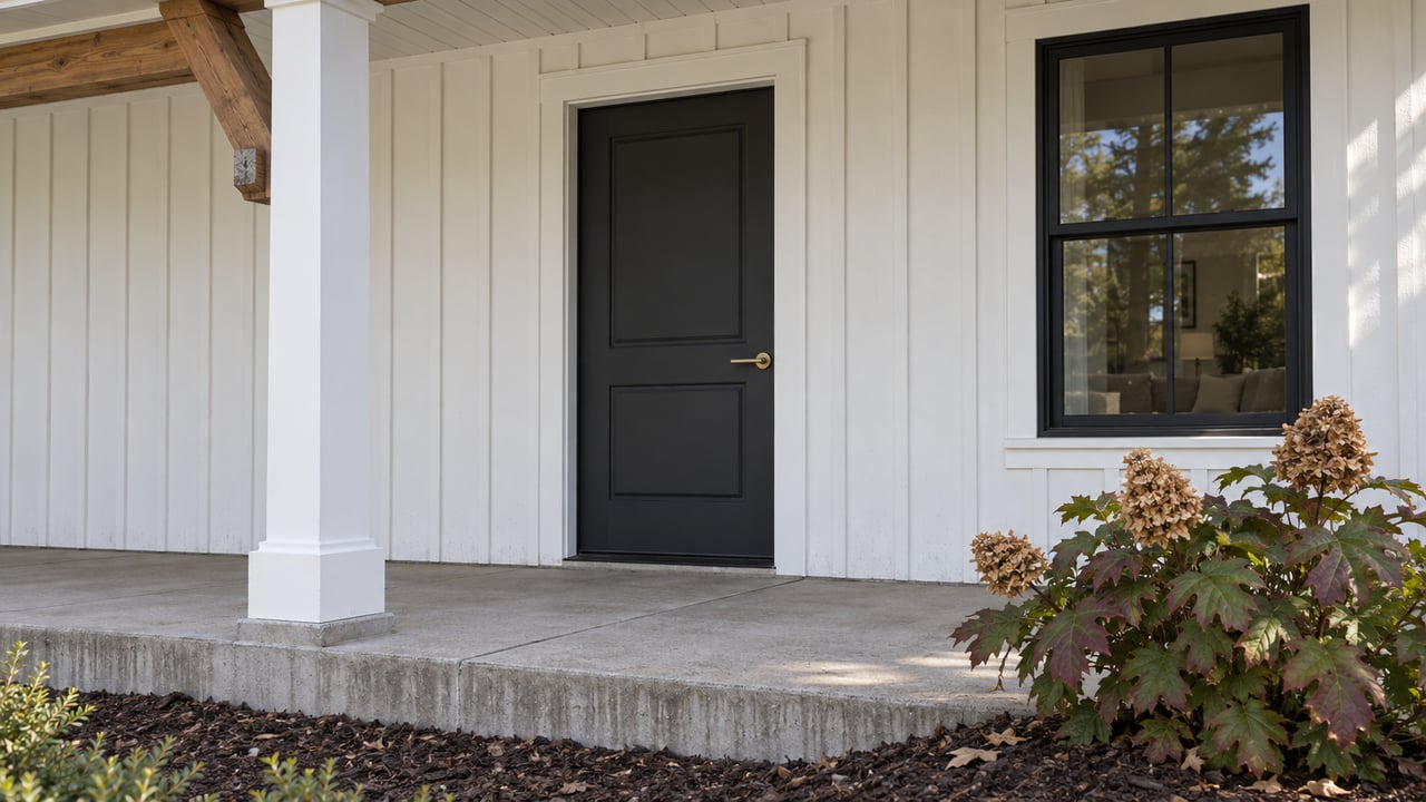 White board-and-batten porch with a dark front door, black-framed window, stained timber bracket and an oakleaf hydrangea beside the raised concrete slab.