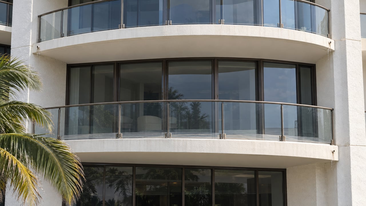 Curved cream concrete condo balconies with glass guardrails and closed bronze-framed sliding doors, beside a coconut palm crown.