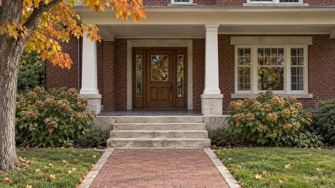 An autumn garden approach leading to a covered porch with red brick walls, limestone steps, cream-painted columns and a glazed oak door.