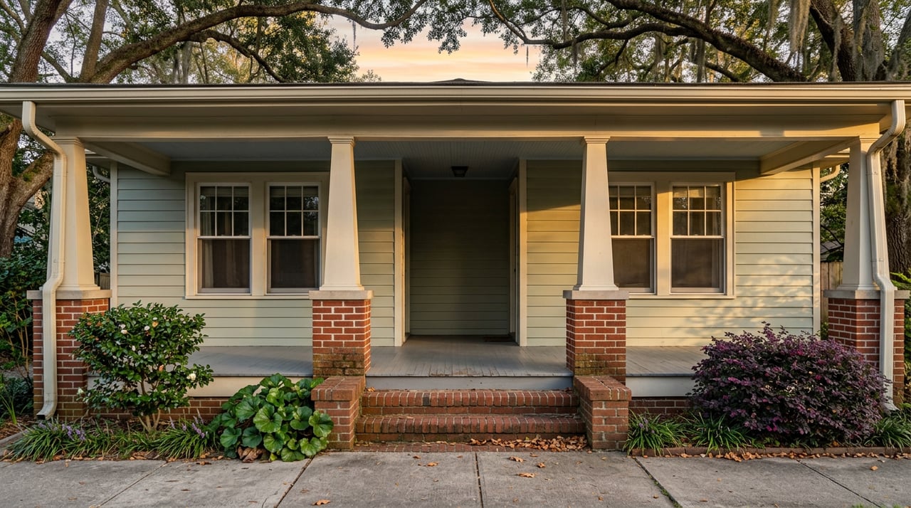 Sage-green bungalow with a columned porch, red brick steps, and live oak branches arching overhead.