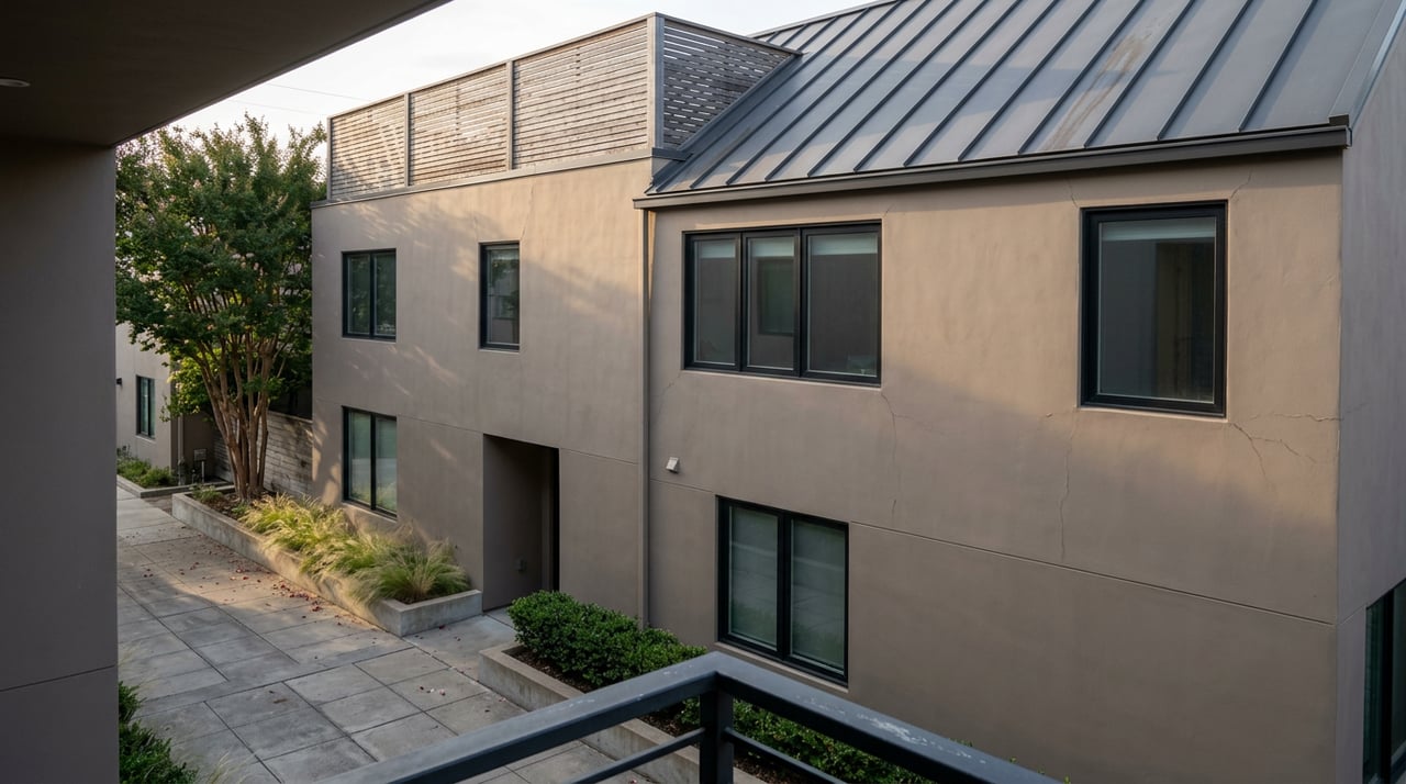 Modern duplex facade across a narrow paved lane, with a rooftop deck’s slatted wood privacy screen and charcoal metal roof.