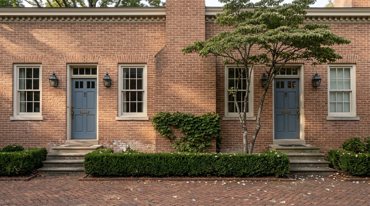 Symmetrical brick facade with two slate-blue entry doors, a shared chimney, and clipped boxwood along the walkway.