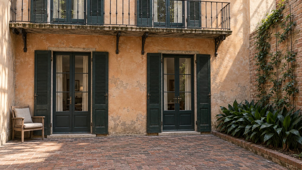 Weathered apricot stucco residence with green shutters, glazed French doors and an iron balcony above a brick courtyard.
