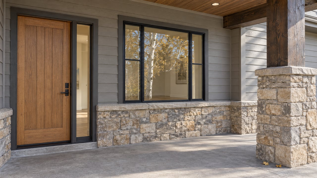 Covered home entry with a honey-brown wood door, gray siding, buff stonework and golden aspen leaves reflected in a closed window.
