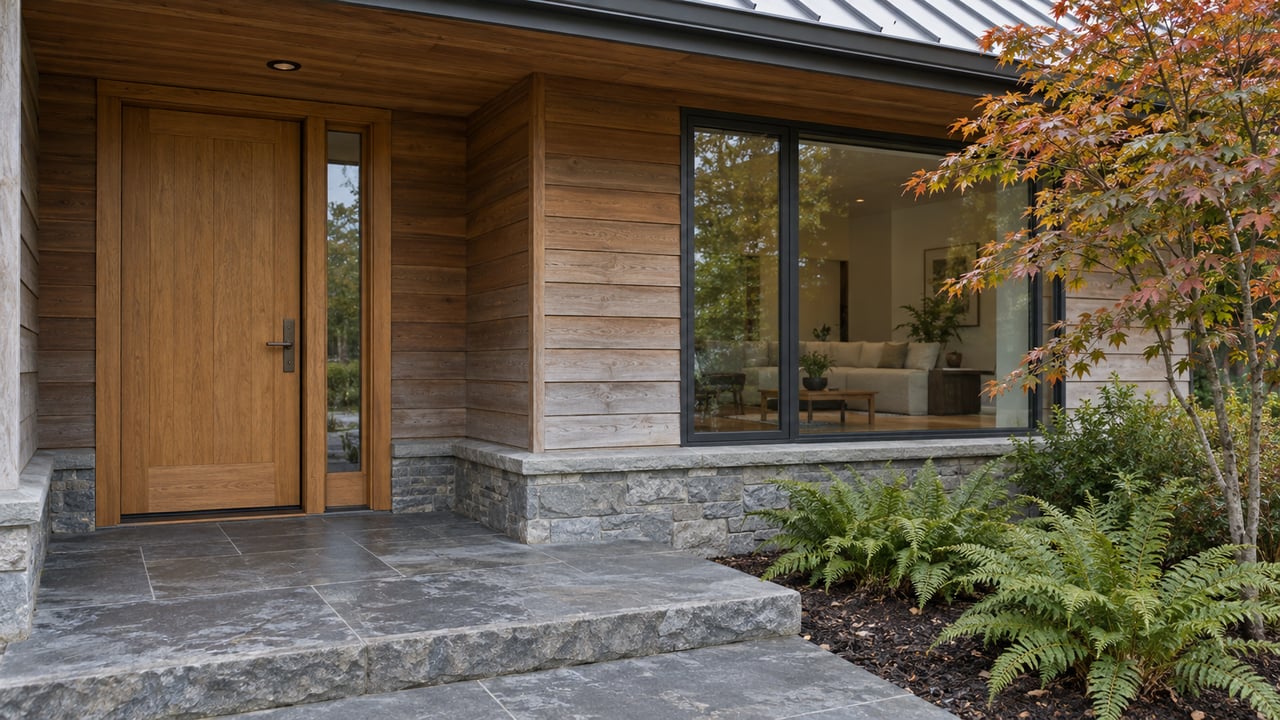 Cedar-clad home entry with a covered slate porch, gray stone base, autumn vine maple and sword ferns.