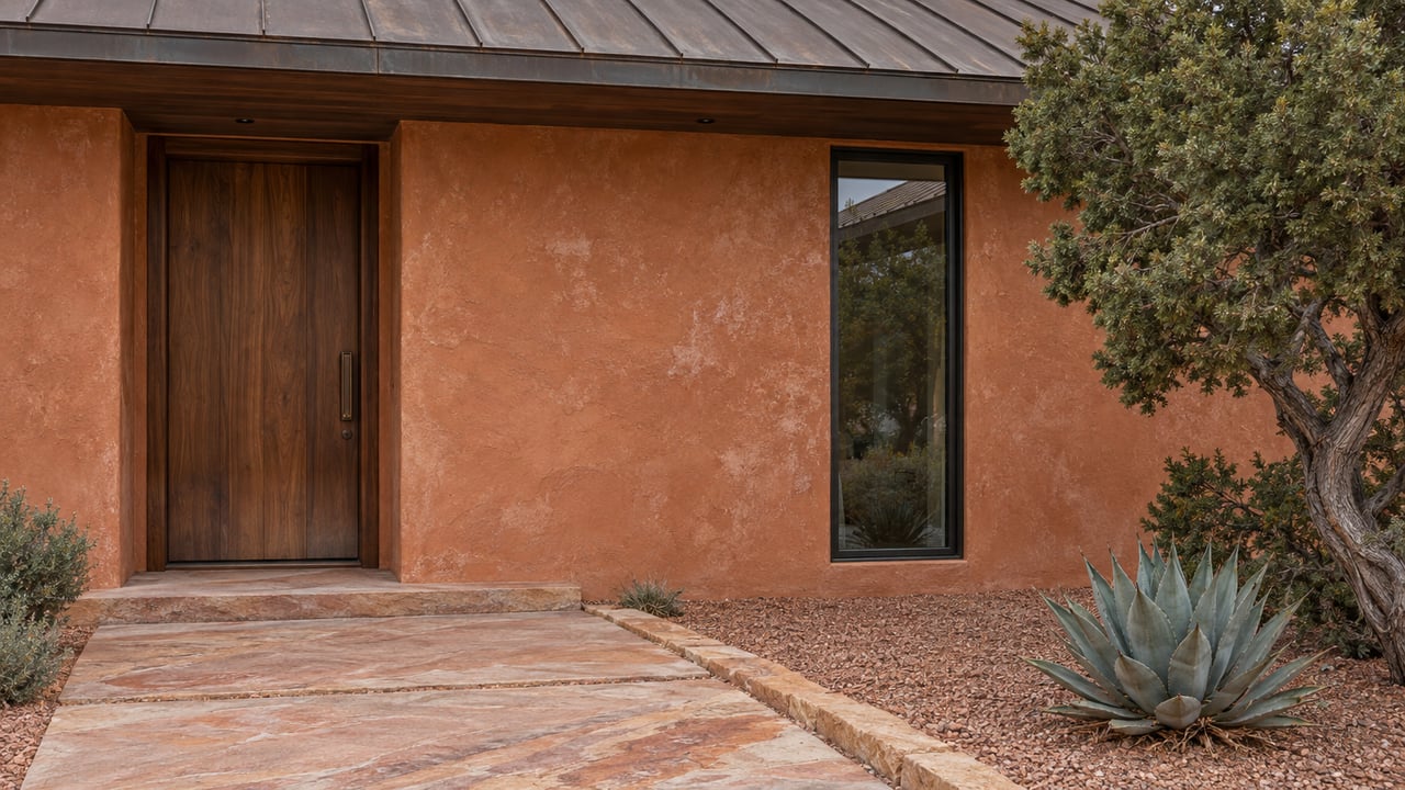 Terracotta-plastered home entry with a walnut door, narrow window, sandstone path, juniper, and agave.