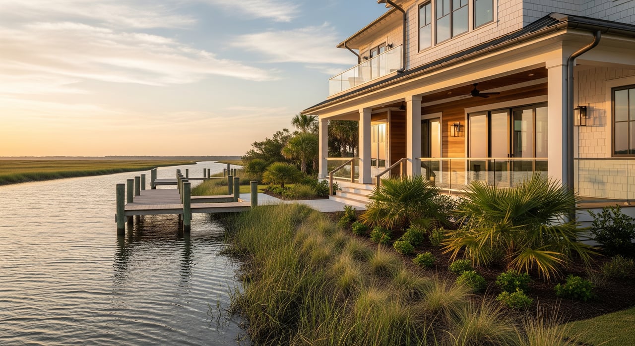 Coastal house with a covered porch beside a marsh, with a wooden dock extending over the water.