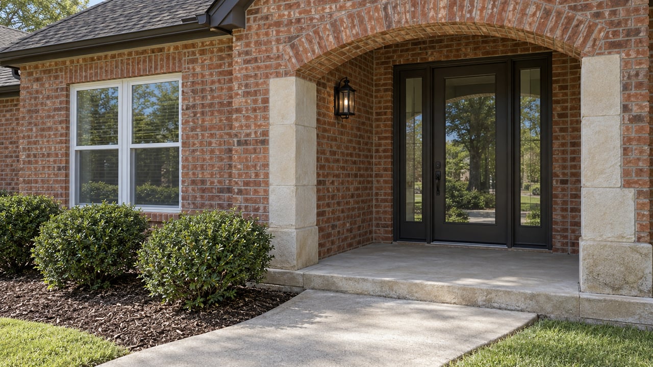 Daylit red-brick home entry with a recessed glass door, paired white-trimmed windows and a curved concrete approach.