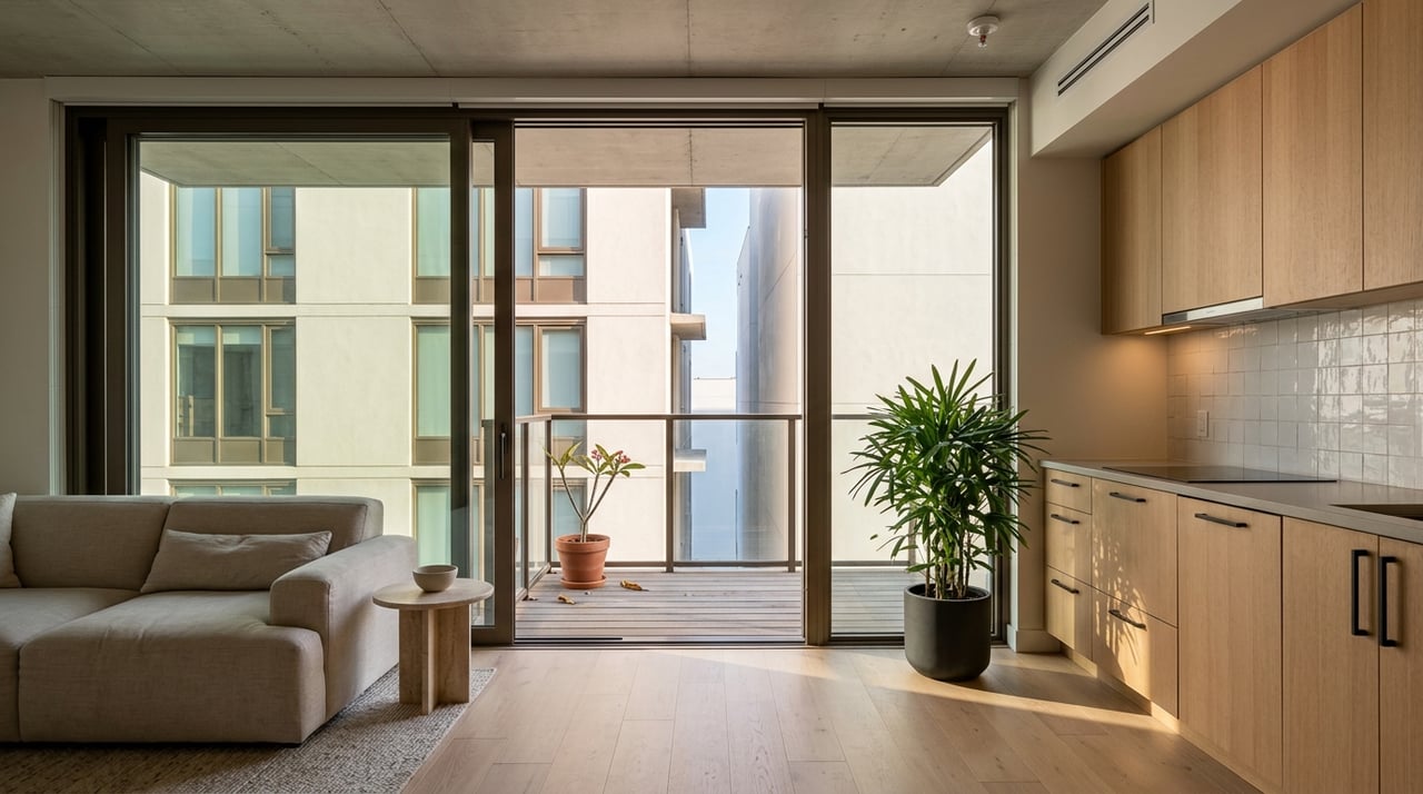Condo living room opens onto a shallow balcony facing a neighboring facade, with bronze-framed sliders.