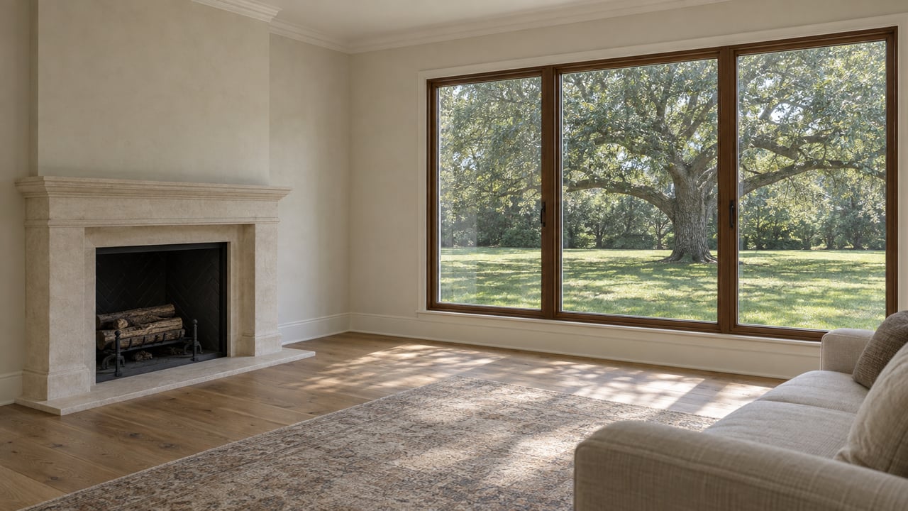 Living room with a limestone fireplace beside garden windows overlooking a broad lawn and mature live oak.
