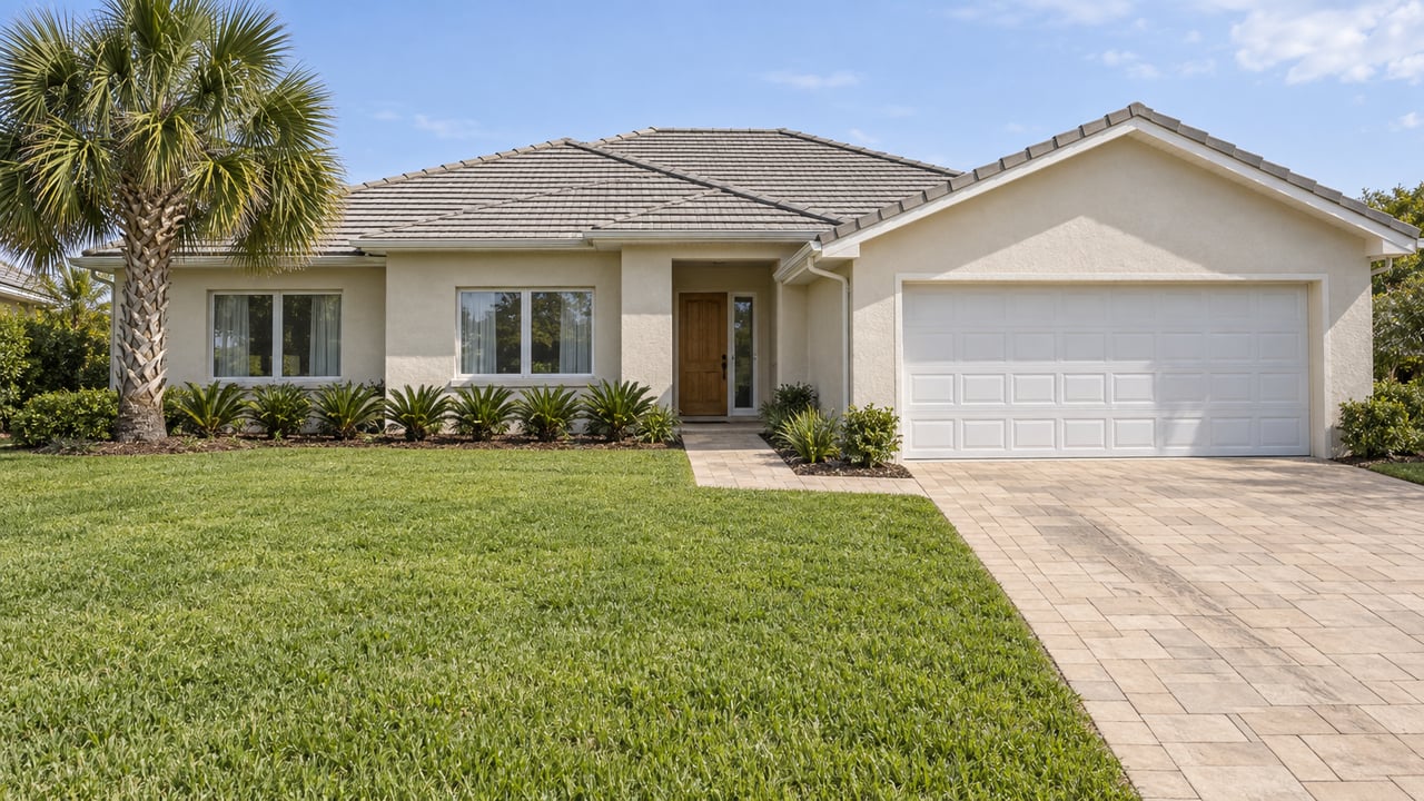 Single-story ivory stucco home with a deep front lawn, pale tiled gables, attached garage, and a mature palm.