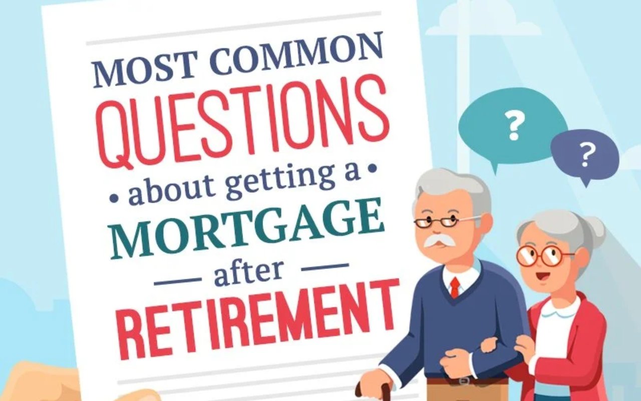 Questions about getting a mortgage after retirement, with an older couple and question-mark speech bubbles.