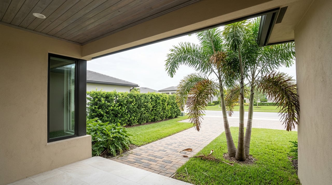 Covered entry portico with a wood-plank ceiling framing a paver walk, foxtail palm, and clipped hedge.